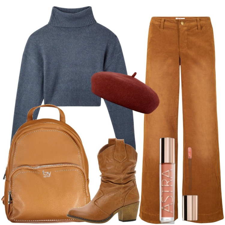 Outfit donna - Le mie giornate all\'università. Stile Casual per Scuola/Università. Abbinamento con pantaloni, stivaletti texani, gloss, maglieria, cappelli e berretti, zaini.