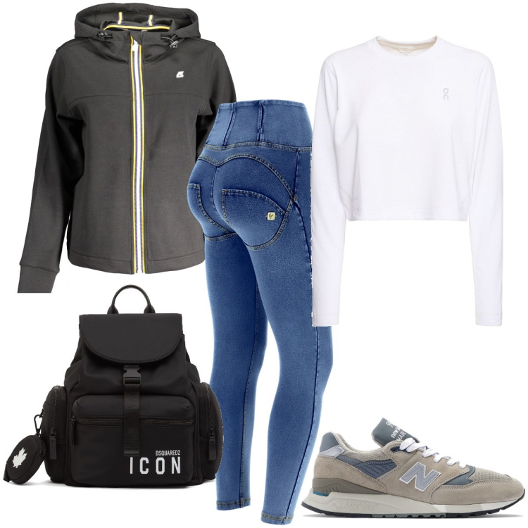 Outfit donna - Lunedì in palestra. Stile Sporty chic per Sport. Abbinamento con sneakers, jeggings, felpe con cappuccio, zaini, t-shirt.