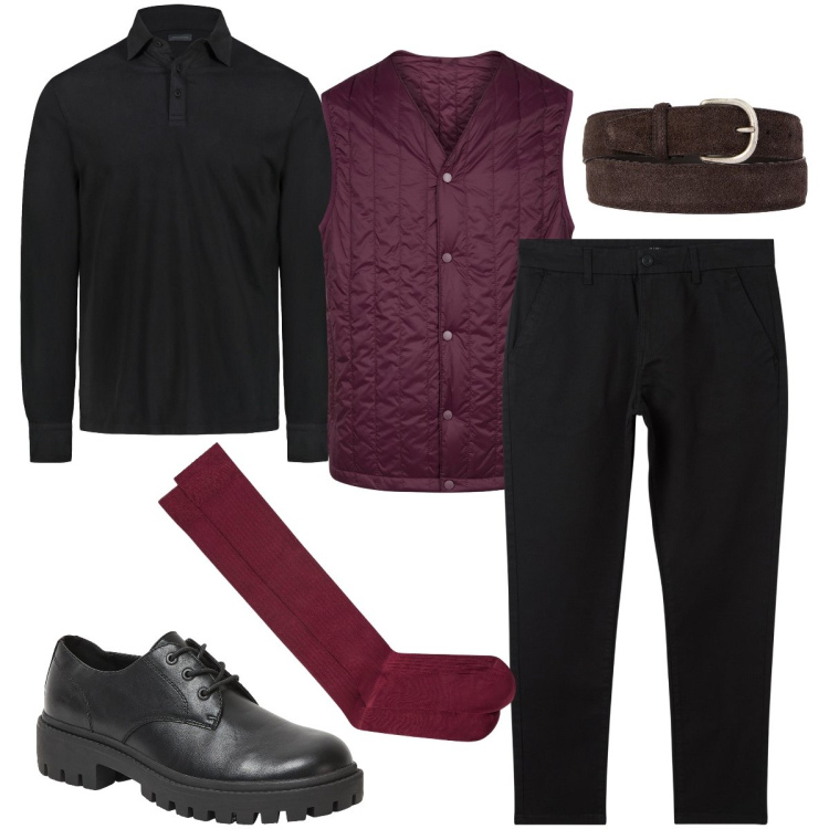 Outfit uomo - Dettagli bordeaux. Stile Business/Elegante per Serata speciale. Abbinamento con scarpe stringate, pantaloni chino, piumini, calzini, polo, cinture.