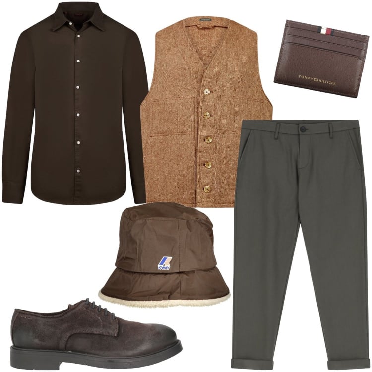 Outfit uomo - Il gilet pesante. Stile Business/Elegante per Ufficio. Abbinamento con scarpe stringate, pantaloni, gilet, camicie, cappelli, portafogli.