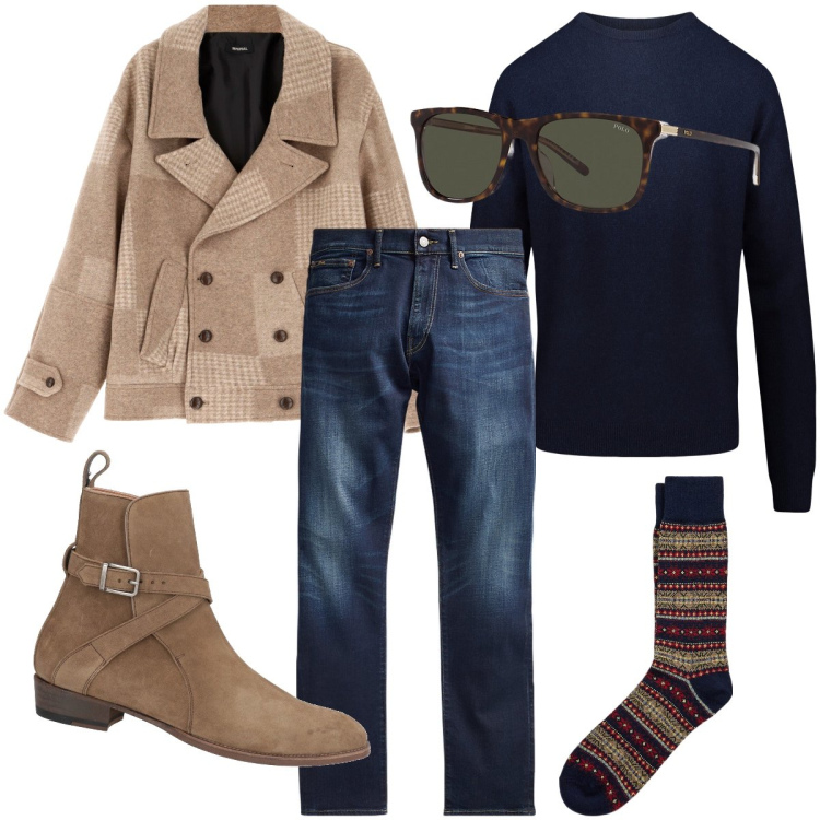 Outfit uomo - Tempo libero. Stile Trendy per Tutti i giorni. Abbinamento con stivali e stivaletti, cappotti, jeans, occhiali da sole, calzini, maglieria.