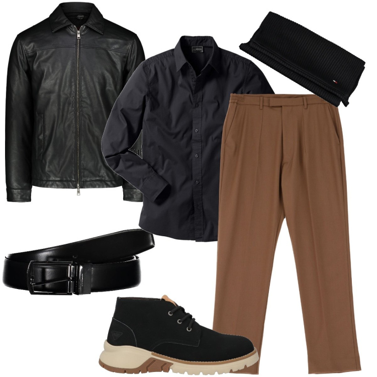 Outfit uomo - Il chiodo in pelle. Stile Biker Rock per Ufficio. Abbinamento con camicie, stivali e stivaletti, pantaloni, giacche, cinture, sciarpe.