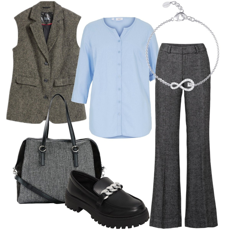 Outfit donna - Il blazer smanicato. Stile Mannish per Ufficio. Abbinamento con camicie, pantaloni a palazzo, borse a mano, gilet, mocassini, braccialetti.