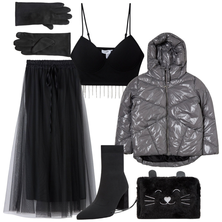 Outfit donna - Halloween è qui. Stile Urban per Serata fuori. Abbinamento con guanti, gonne lunghe, blazer, stivaletti, valigie, top.