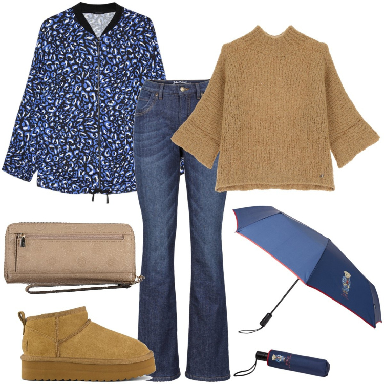 Outfit donna - Oggi con la pioggia. Stile Basic per Tutti i giorni. Abbinamento con jeans bootcut, maglieria, borse tote, stivaletti, blazer, portafogli.