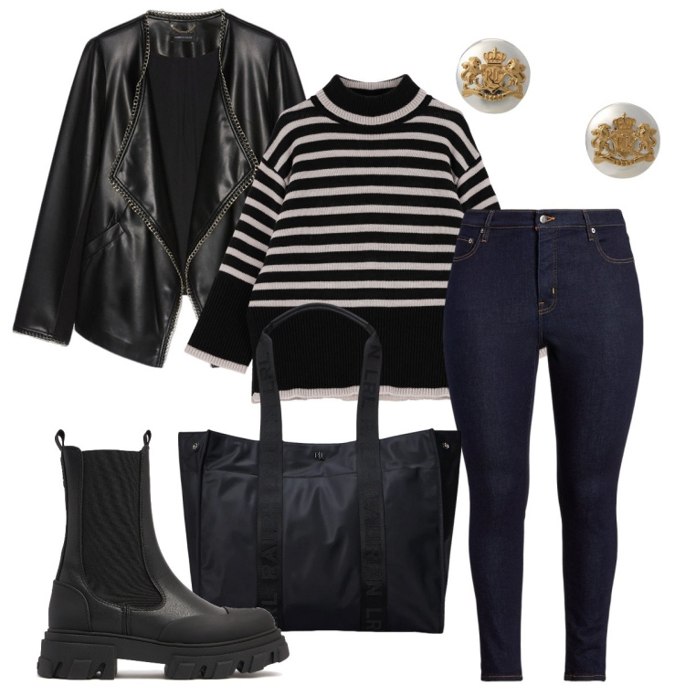 Outfit donna - Al centro commerciale. Stile Urban per Tutti i giorni. Abbinamento con maglieria, jeans skinny, orecchini, borse tote, blazer, stivaletti chelsea.