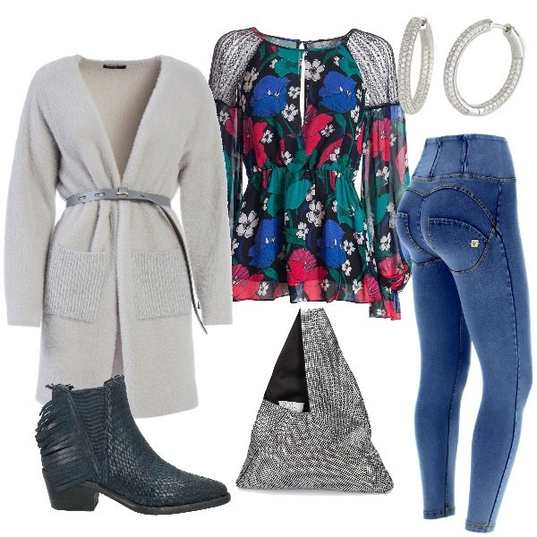 Outfit donna - Cardigan e blusa. Stile Casual per Ufficio. Abbinamento con stivaletti texani, orecchini, cardigans, bluse, jeggings, borse a spalla.