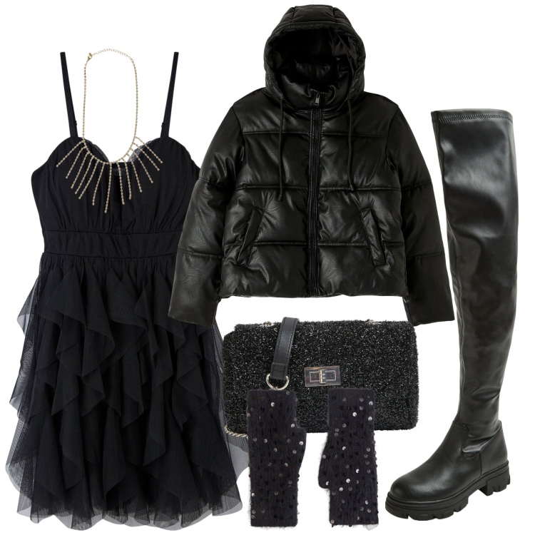 Outfit donna - Halloween con Terranova. Stile Chic per Serata fuori. Abbinamento con collane, borse a tracolla, vestiti corti, piumini, stivali, guanti.