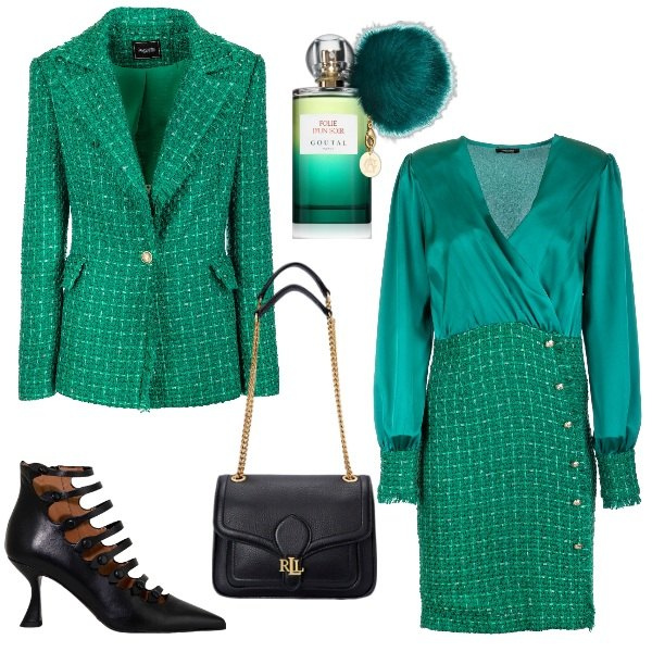 Outfit donna - Mint green. Stile Glamour per Serata fuori. Abbinamento con profumi, vestiti a tubino, blazer, stivaletti, borse a spalla.