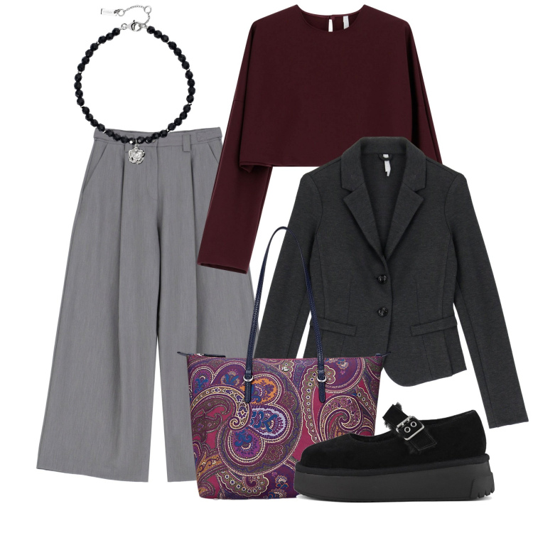 Outfit donna - Urban woman. Stile Bon Ton per Ufficio. Abbinamento con braccialetti, pantaloni a palazzo, maglieria, blazer, borse tote, décolleté.