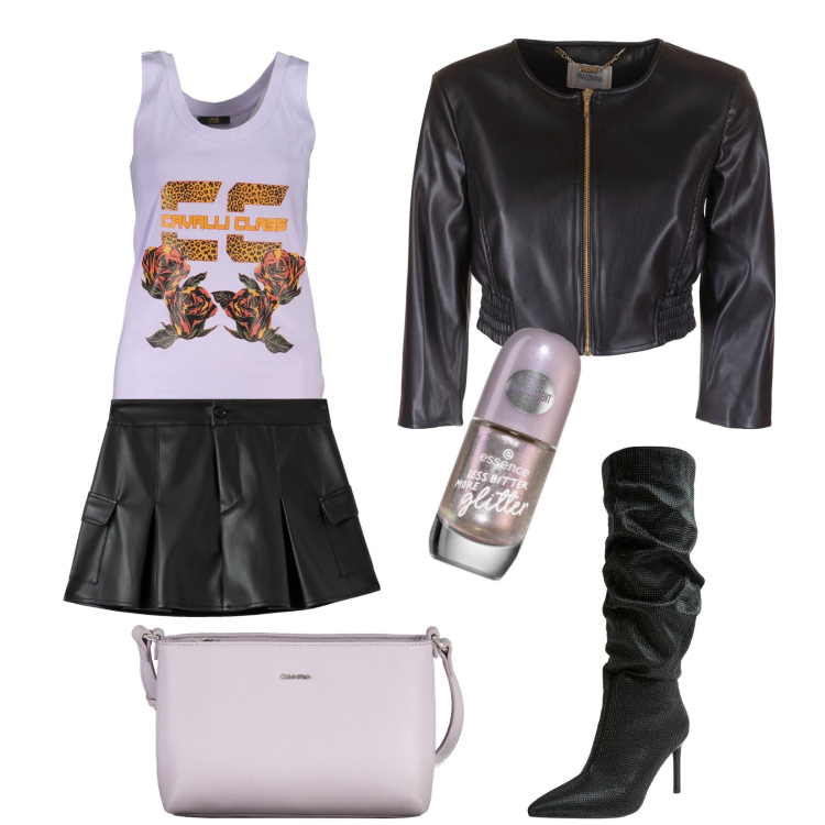 Outfit donna - Che serata. Stile Rock per Serata fuori. Abbinamento con smalti, minigonne, stivali, blazer, canottiere, borse a tracolla.