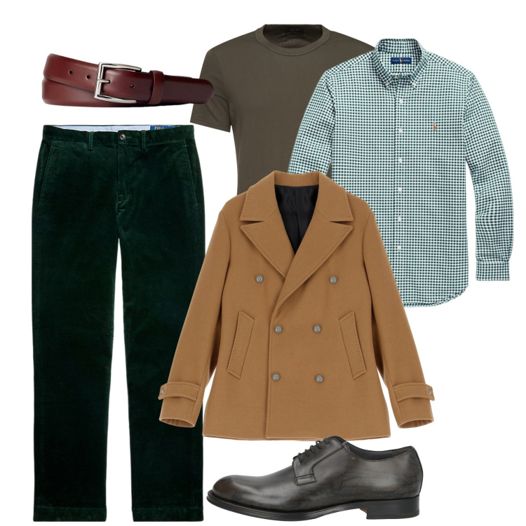 Outfit uomo - Velluto verde e pea coat mostarda. Stile Trendy per Serata speciale. Abbinamento con scarpe stringate, giacche, cinture, pantaloni, camicie, t-shirt.