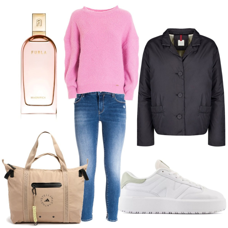 Outfit donna - Urbana da città. Stile Urban per Tutti i giorni. Abbinamento con profumi, sneakers, maglieria, jeans skinny, blazer, shopping bag.