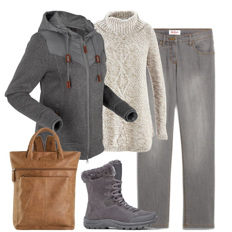 Outfit donna - Total look #1984753. Stile Casual per Tutti i giorni. Abbinamento con jeans dritti, stivaletti, zaini, blazer, maglieria.