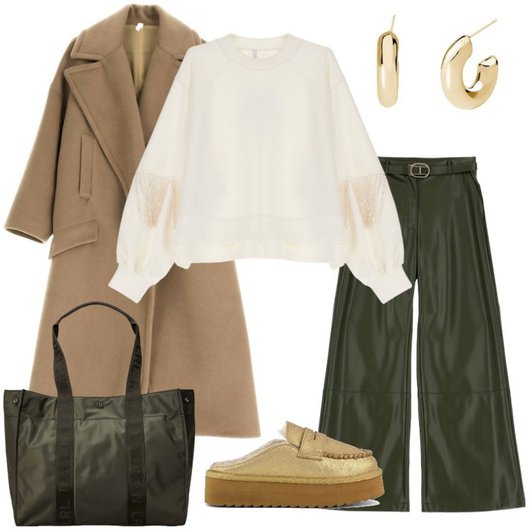 Outfit donna - Maxi cappotto. Stile Urban per Ufficio. Abbinamento con orecchini, cappotti, pantaloni, felpe, borse tote, mocassini.