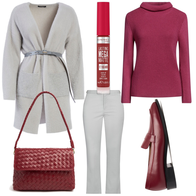 Outfit donna - Grigio e burgundy. Stile Casual chic per Ufficio. Abbinamento con pantaloni, maglieria, rossetti, cardigans, mocassini, borse a tracolla.