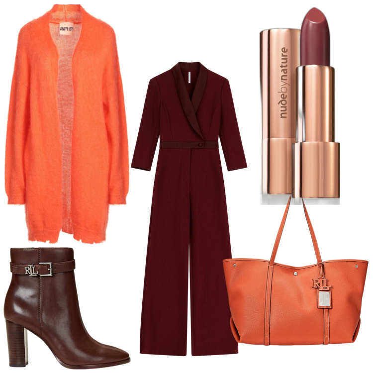 Outfit donna - Arancio da ufficio. Stile Casual chic per Ufficio. Abbinamento con cardigans, rossetti, tute, stivaletti, borse tote.