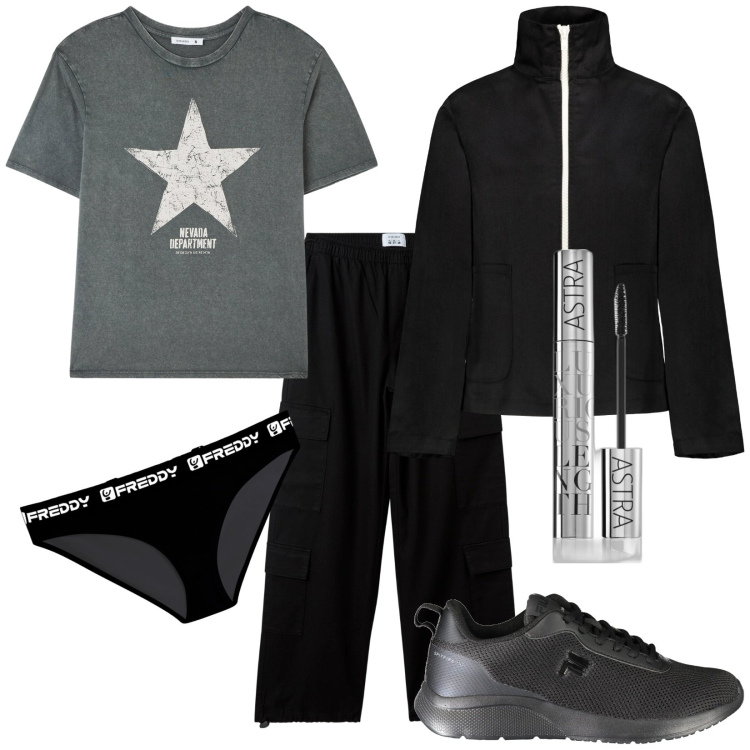 Outfit donna - Casual. Stile Casual per Tutti i giorni. Abbinamento con mascara, t-shirt, pantaloni, culotte, blazer, sneakers.
