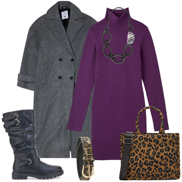 Outfit donna - Stivali e abito. Stile Casual chic per Tutti i giorni. Abbinamento con vestiti midi/longuette, cappotti, shopping bag, cinture, stivali, collane.