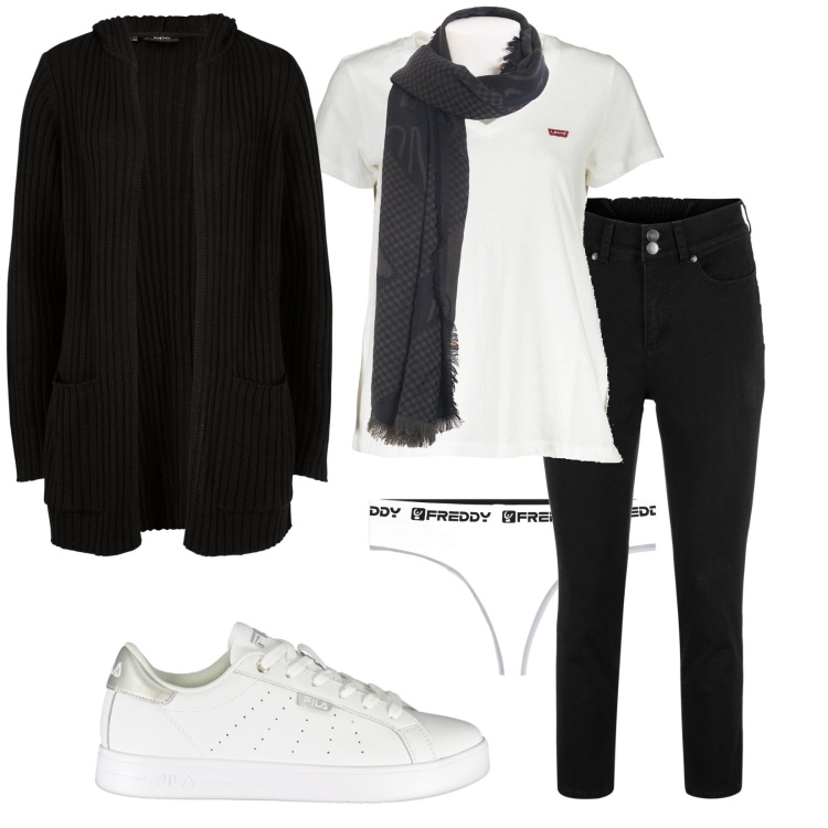 Outfit donna - Ho dimenticato il pane. Stile Casual per Tutti i giorni. Abbinamento con jeans, cardigans, foulard, perizomi, t-shirt, sneakers.
