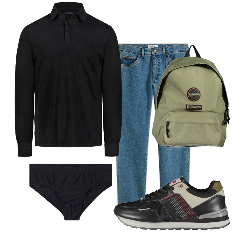 Outfit uomo - Polo a maniche lunghe. Stile Casual per Tutti i giorni. Abbinamento con jeans dritti, costumi, polo, sneakers, borse sportive.