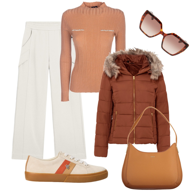 Outfit donna - Autunno. Stile Casual per Tutti i giorni. Abbinamento con giacche, maglieria, pantaloni, sneakers, borse a spalla, occhiali da sole.