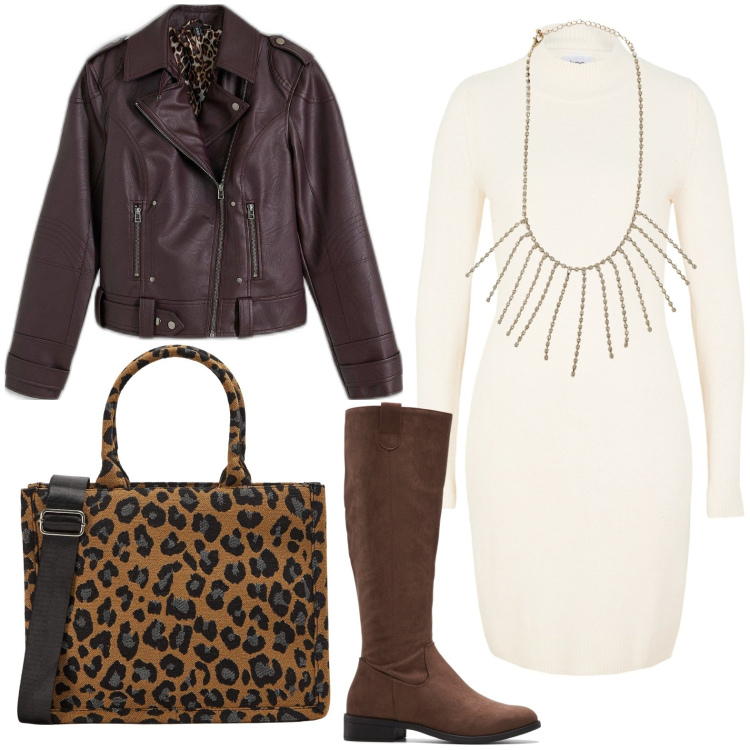 Outfit donna - Animalier da indossare ora. Stile Bon Ton per Ufficio. Abbinamento con stivali, vestiti, blazer, shopping bag, collane.