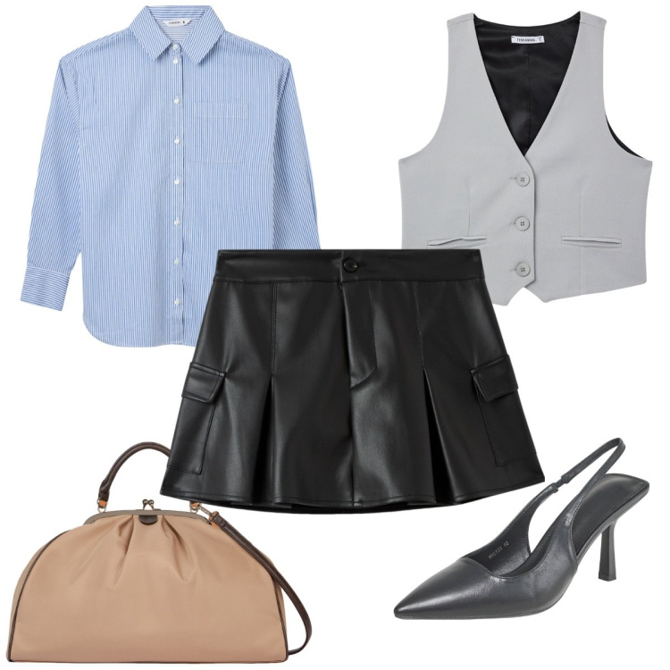 Outfit donna - Total look #1984798. Stile Trendy per Tutti i giorni. Abbinamento con camicie, décolleté, minigonne, gilet, borse a spalla.