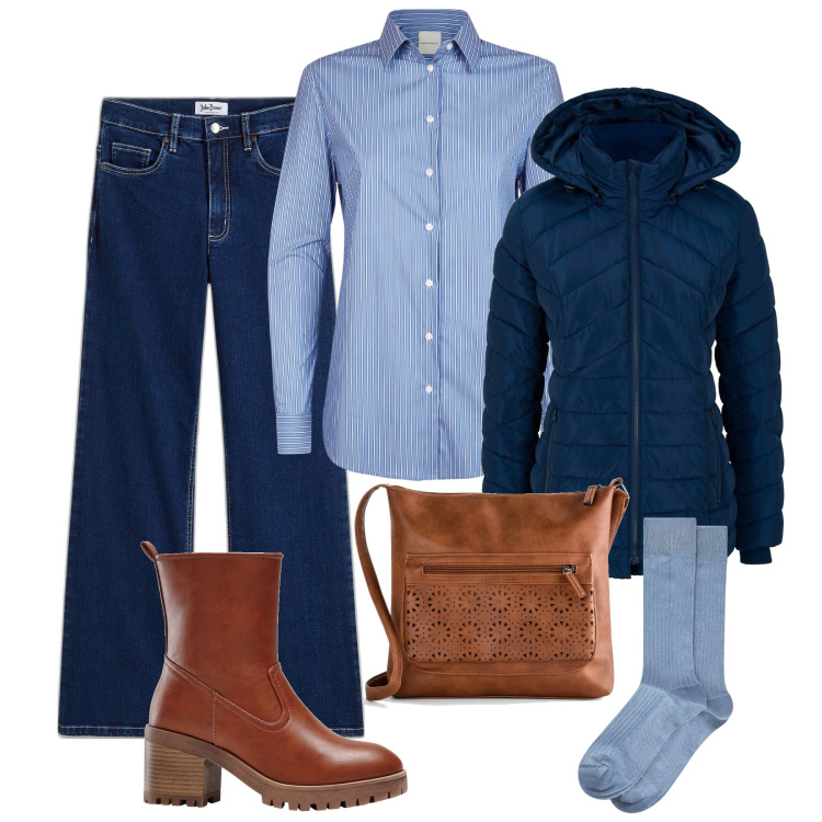 Outfit donna - Easy day con la camicia stile Oxford. Stile Casual per Tutti i giorni. Abbinamento con giacche, stivaletti, borse a tracolla, jeans, camicie, calzini.