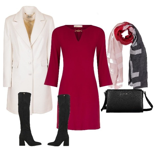 Outfit donna - Pranzo in rosso. Stile Bon Ton per Serata fuori. Abbinamento con stivali, vestiti midi/longuette, cappotti, sciarpe, borse a tracolla.