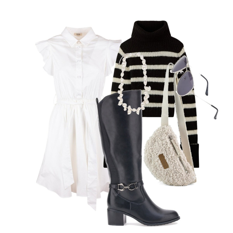 Outfit donna - Stella polare, stile polare. Stile Trendy per Tutti i giorni. Abbinamento con maglieria, vestiti chemisier, marsupi, stivali, occhiali da sole, collane.
