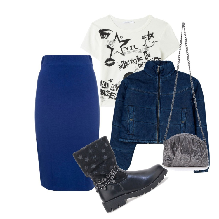 Outfit donna - rock con gonna tubino e stivali. Stile Rock per Serata fuori. Abbinamento con blazer, t-shirt, gonne, stivali, borse a tracolla.