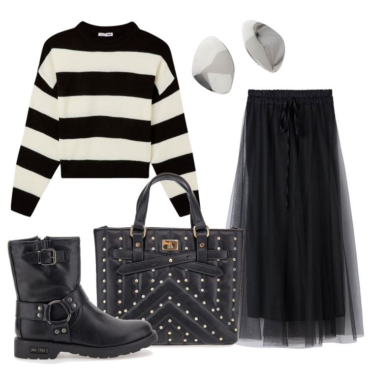 Outfit donna - Il tulle con le borchie. Stile Rock per Tutti i giorni. Abbinamento con gonne lunghe, maglieria, orecchini, borse a mano, stivaletti.