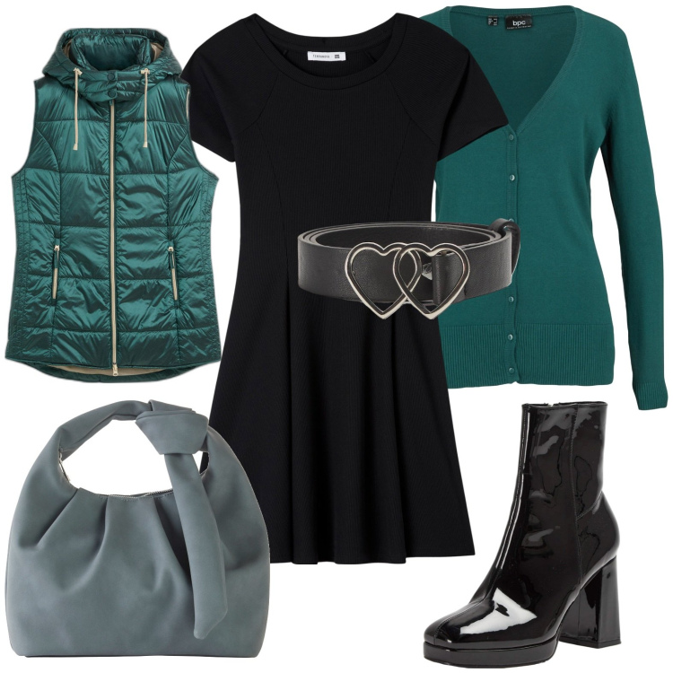 Outfit donna - La borsa contemporanea. Stile Chic per Ufficio. Abbinamento con gilet, cardigans, borse a mano, vestiti corti, stivaletti, cinture.