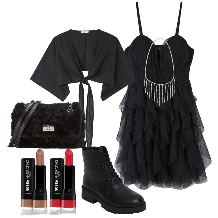 Outfit donna - Per Halloween solo Terranova. Stile Glamour per Serata fuori. Abbinamento con rossetti, vestiti corti, anfibi, camicie, borse a spalla, collane.