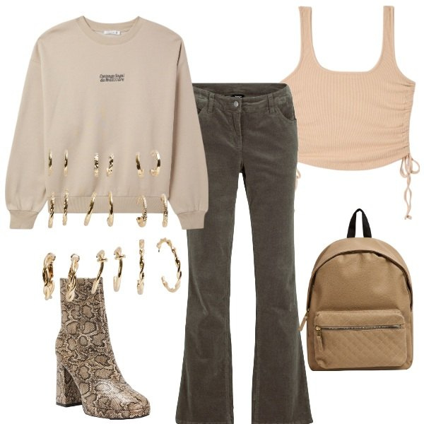 Outfit donna - Shopping da Terranova. Stile Casual per Tutti i giorni. Abbinamento con pantaloni, canottiere, zaini, stivaletti, orecchini, felpe.