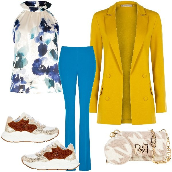 Outfit donna - Pomeriggio in città. Stile Urban per Tutti i giorni. Abbinamento con sneakers, top, borse a tracolla, pantaloni a palazzo, blazer.