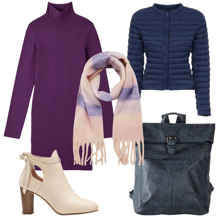 Outfit donna - Purple dress. Stile Casual per Ufficio. Abbinamento con stivaletti, zaini, vestiti midi/longuette, sciarpe, piumini.