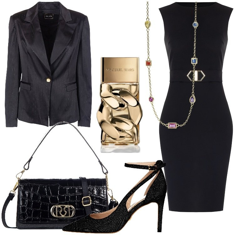 Outfit donna - Look glamour per ottobre. Stile Glamour per Serata fuori. Abbinamento con profumi, collane, vestiti a tubino, décolleté, borse a tracolla, blazer.