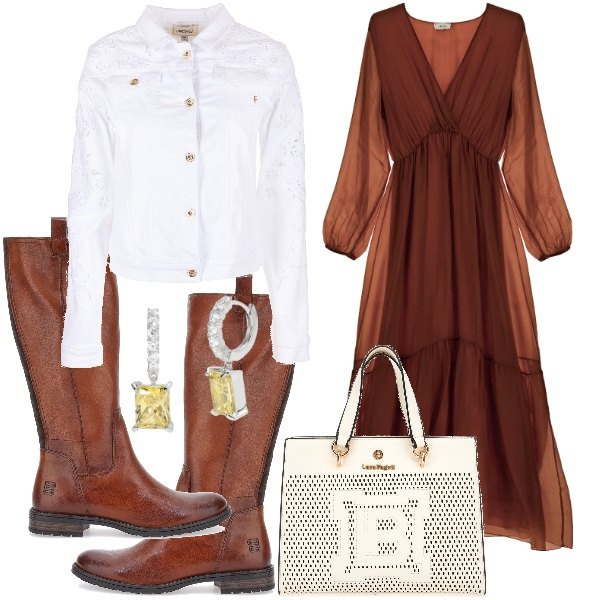 Outfit donna - Boho in autunno. Stile Boho per Tutti i giorni. Abbinamento con orecchini, blazer, vestiti lunghi, stivali sopra il ginocchio, borse a mano.