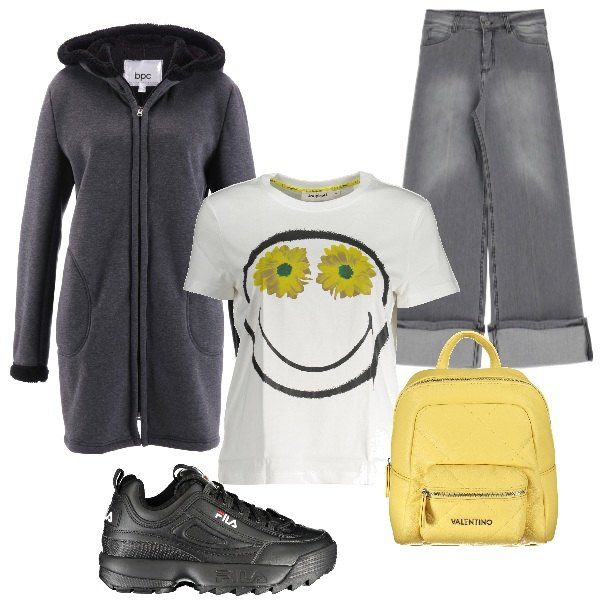 Outfit donna - Il grigio fumo. Stile Casual per Tutti i giorni. Abbinamento con felpe, jeans, sneakers, t-shirt, zaini.