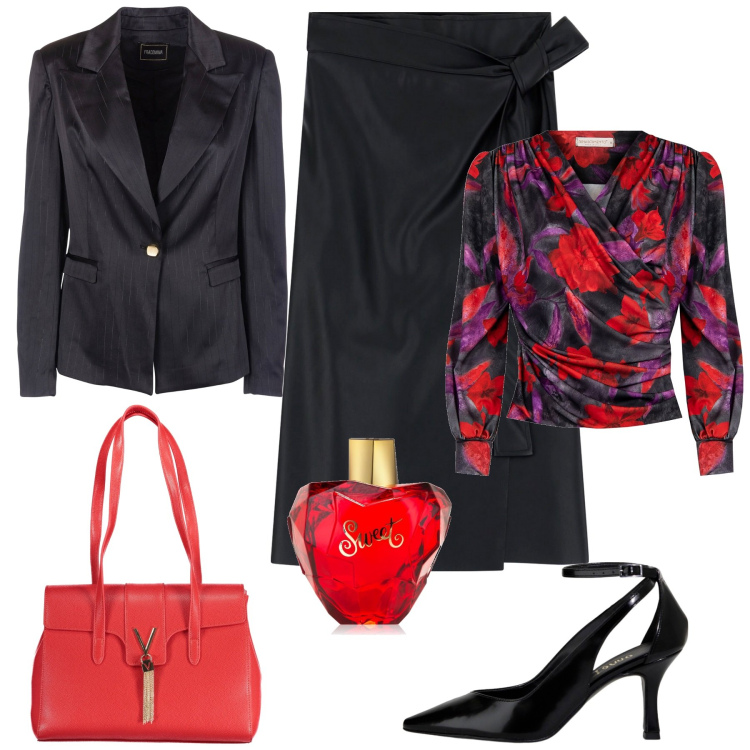 Outfit donna - Blusa romantica curvy edition. Stile Romantica per Serata fuori. Abbinamento con profumi, bluse, blazer, gonne, décolleté, borse a spalla.