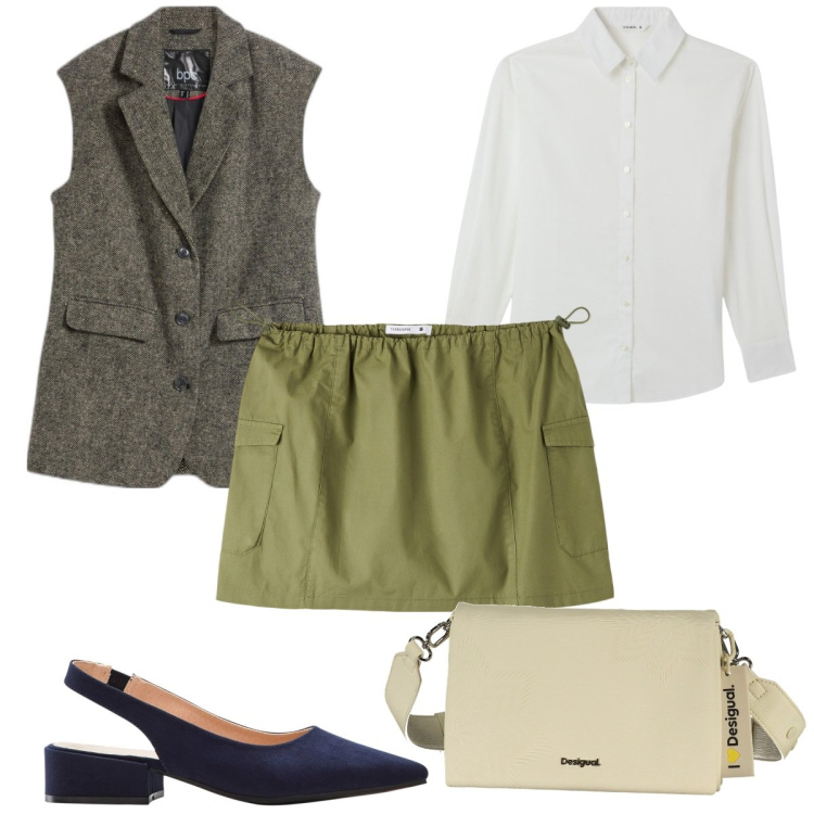 Outfit donna - Total look #1984851. Stile Trendy per Tutti i giorni. Abbinamento con décolleté, gilet, minigonne, camicie, borse a spalla.