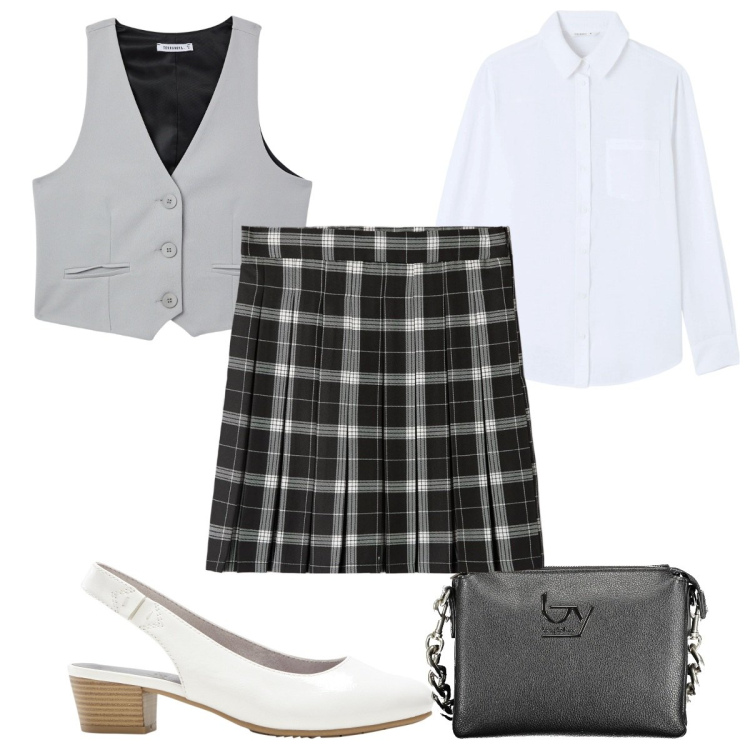 Outfit donna - Total look #1984865. Stile Preppy per Tutti i giorni. Abbinamento con décolleté, minigonne, camicie, gilet, borse a spalla.