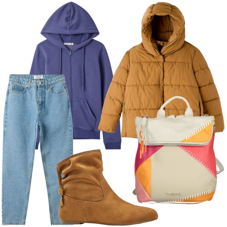 Outfit donna - Color foliage. Stile Glamour per Scuola/Università. Abbinamento con stivaletti, jeans mom, piumini, felpe con cappuccio, zaini.