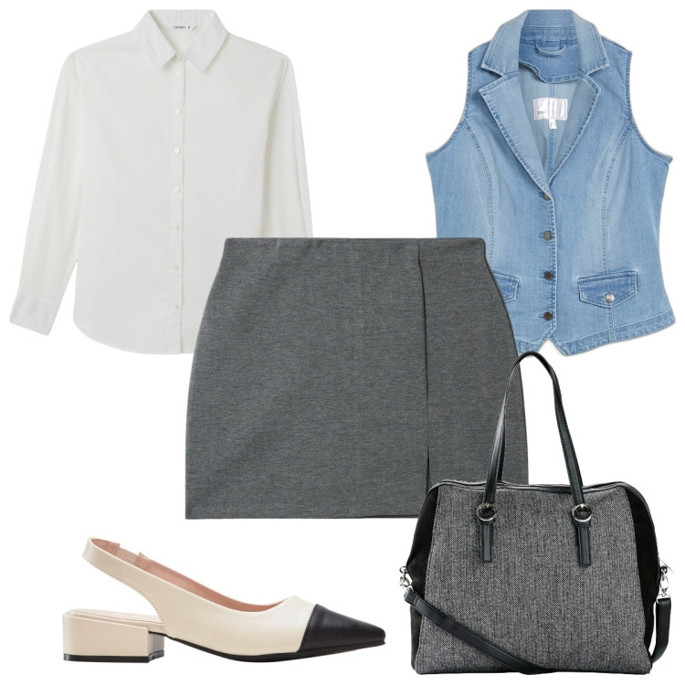 Outfit donna - Total look #1984873. Stile Trendy per Ufficio. Abbinamento con borse a mano, décolleté, gilet, minigonne, camicie.