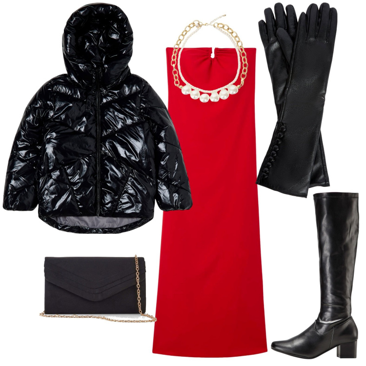 Outfit donna - Seducente in rosso. Stile Basic per Serata fuori. Abbinamento con stivali, pochette, vestiti lunghi, blazer, collane, guanti.