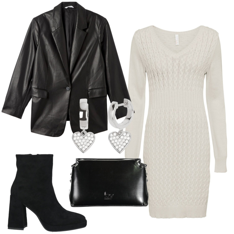 Outfit donna - La giacca in pelle. Stile Rock per Serata fuori. Abbinamento con vestiti, stivaletti, blazer, orecchini, borse a tracolla.