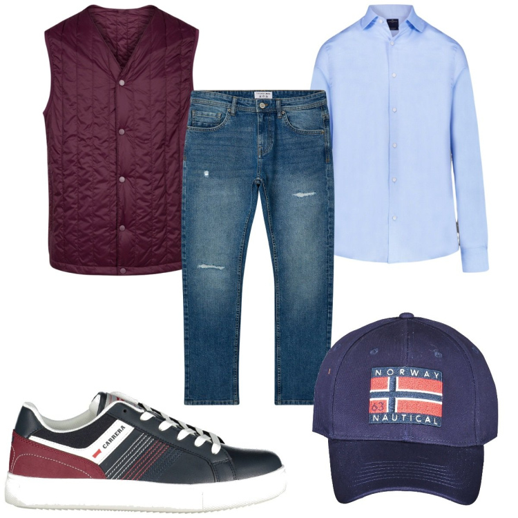 Outfit uomo - Total look #1984883. Stile Trendy per Tutti i giorni. Abbinamento con jeans strappati, camicie, piumini, sneakers, cappelli con visiera.