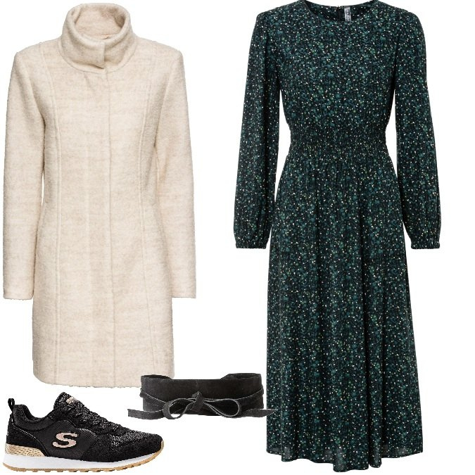 Outfit donna - Il vestito verde. Stile Casual per Ufficio. Abbinamento con vestiti midi/longuette, cappotti, sneakers, cinture.